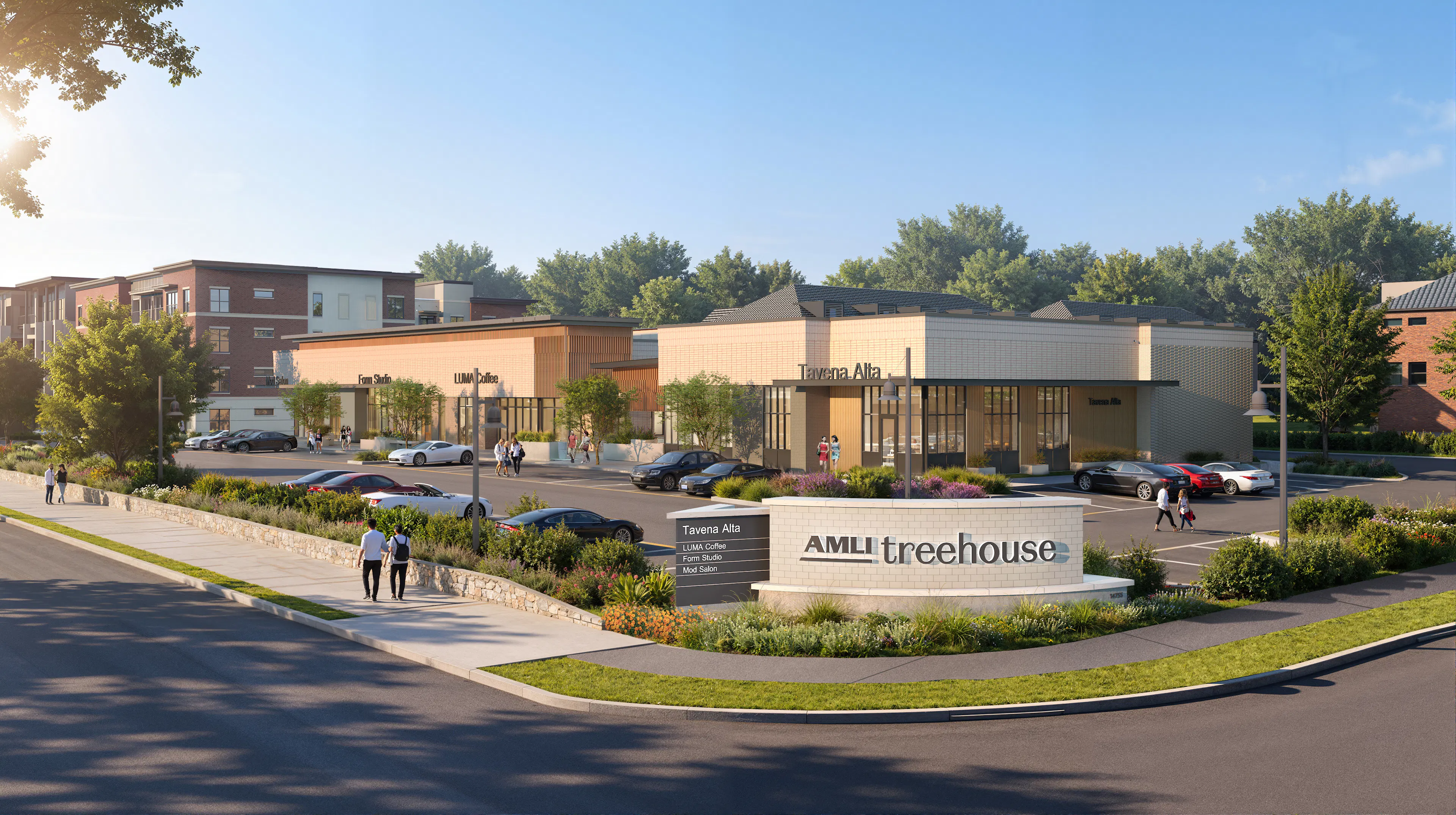 Rendering of view of standalone restaurants and retail at AMLI Treehouse