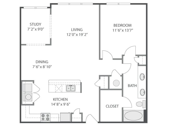 A5aD floor plan, 1 Bedroom, 1 Bathroom, Study/Office at AMLI Quadrangle apartments