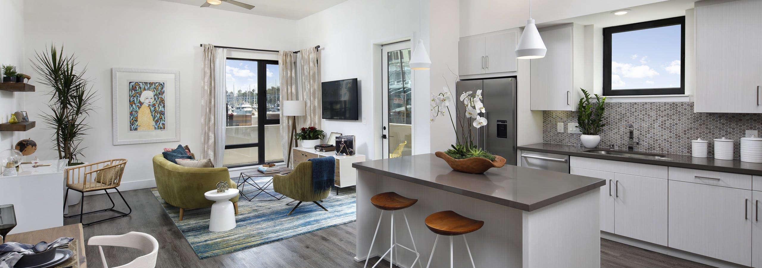 Island kitchen and living room