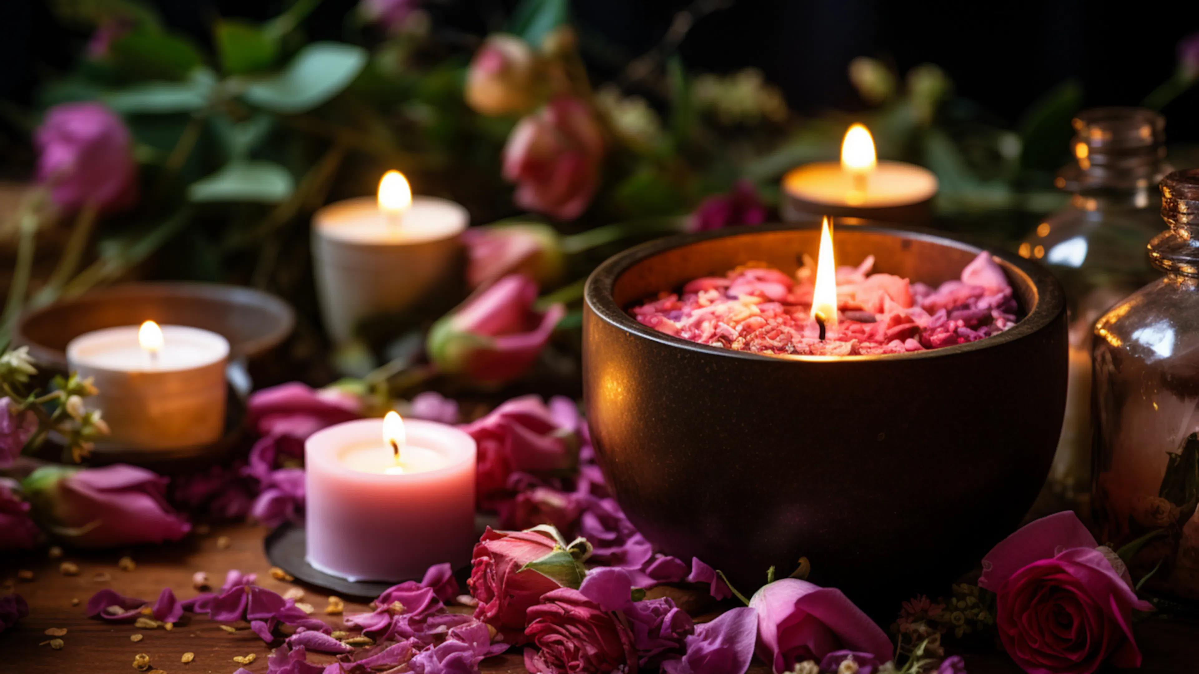 A large wooden bowl filled with rose petals and a floating candle set alongside other smaller tea candles