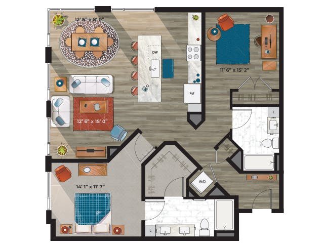 A8D floor plan, 1 Bedroom, 1 Bathroom, Den/Office at AMLI at Uptown apartments