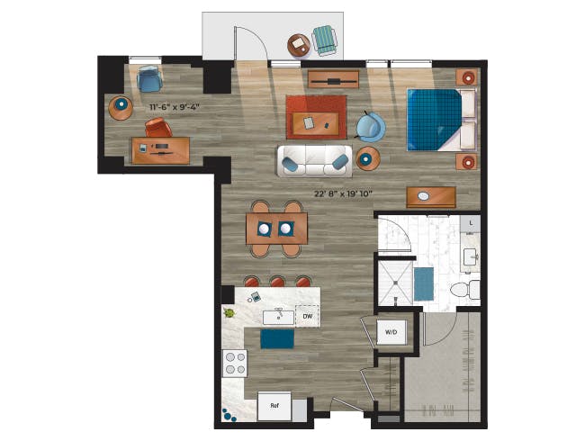 E7D floor plan, Studio, 1 Bathroom, Office/Den at AMLI at Uptown apartments