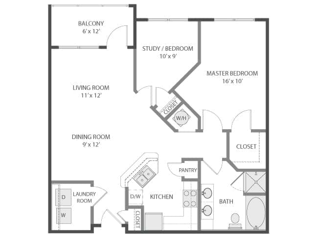 Vital floor plan, 1 Bedroom, 1 Bathroom, +Office/Bedroom at AMLI Parkside apartments