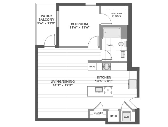 A4a floor plan, 1 Bedroom, 1 Bathroom at AMLI Old Pasadena apartments