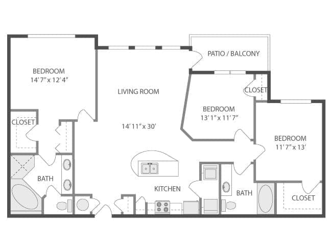 D400 floor plan, 3 Bedroom, 2 Bathroom at AMLI Lindbergh apartments