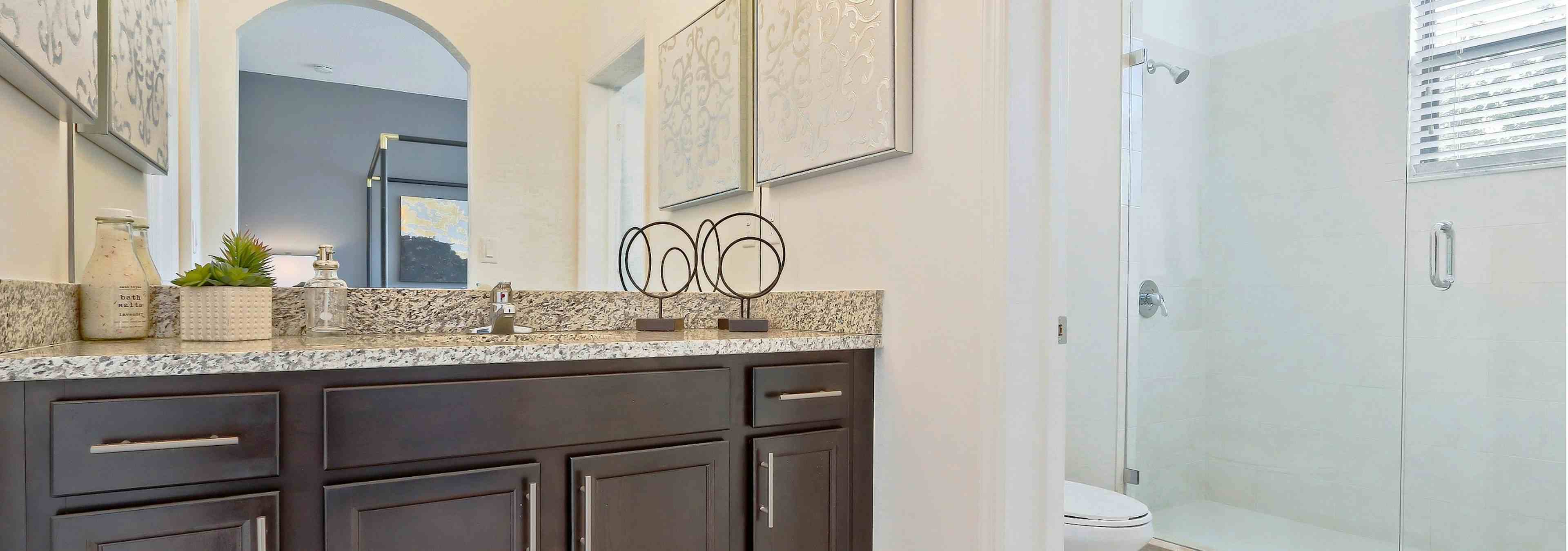 Interior view of AMLI Toscana Place townhome bathroom with vanity, mirror, and glass shower enclosure