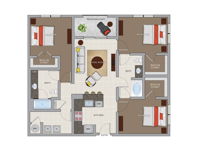 D3b floor plan, 3 Bedroom, 2 Bathroom at AMLI 8800 apartments
