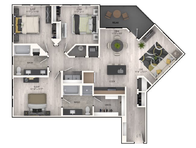 D4 floor plan, 3 Bedroom, 2 Bathroom at AMLI RiNo apartments