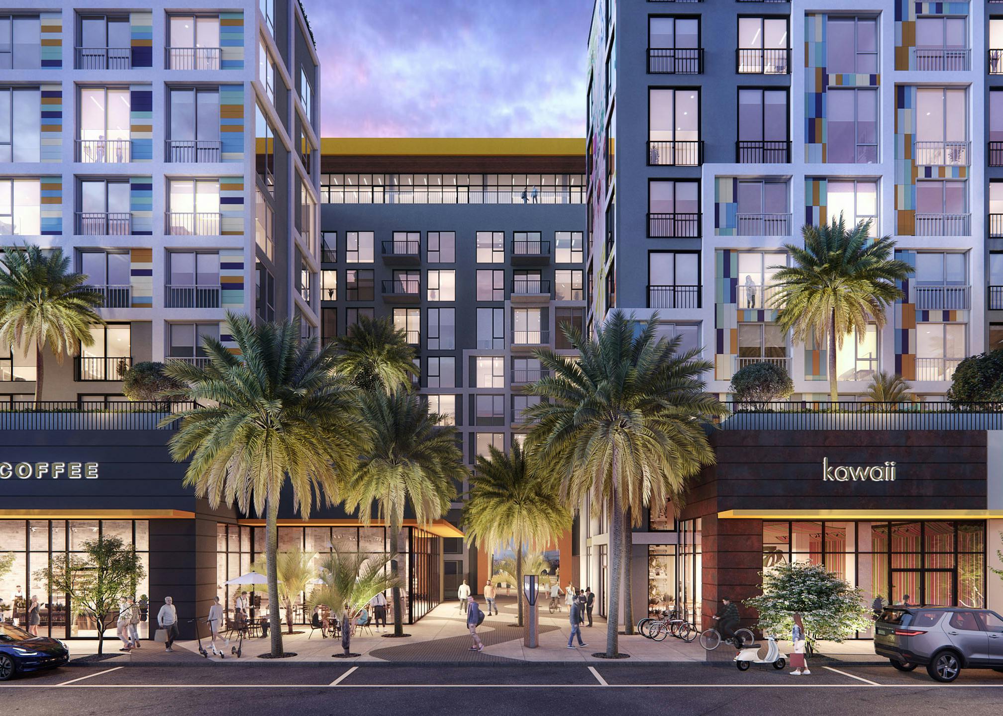 AMLI Wynwood exterior rendering at dusk facing south toward walkable street level retail and the main building entrance