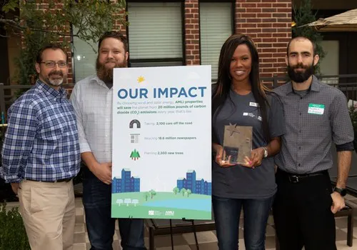 AMLI employees posing with a poster meant to educate residents on the impact they have by living at a green community