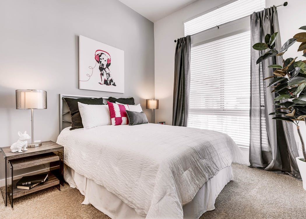 Interior view of a bedroom at AMLI Cherry Creek apartments with white linen and walls with lamps and a plant and window view