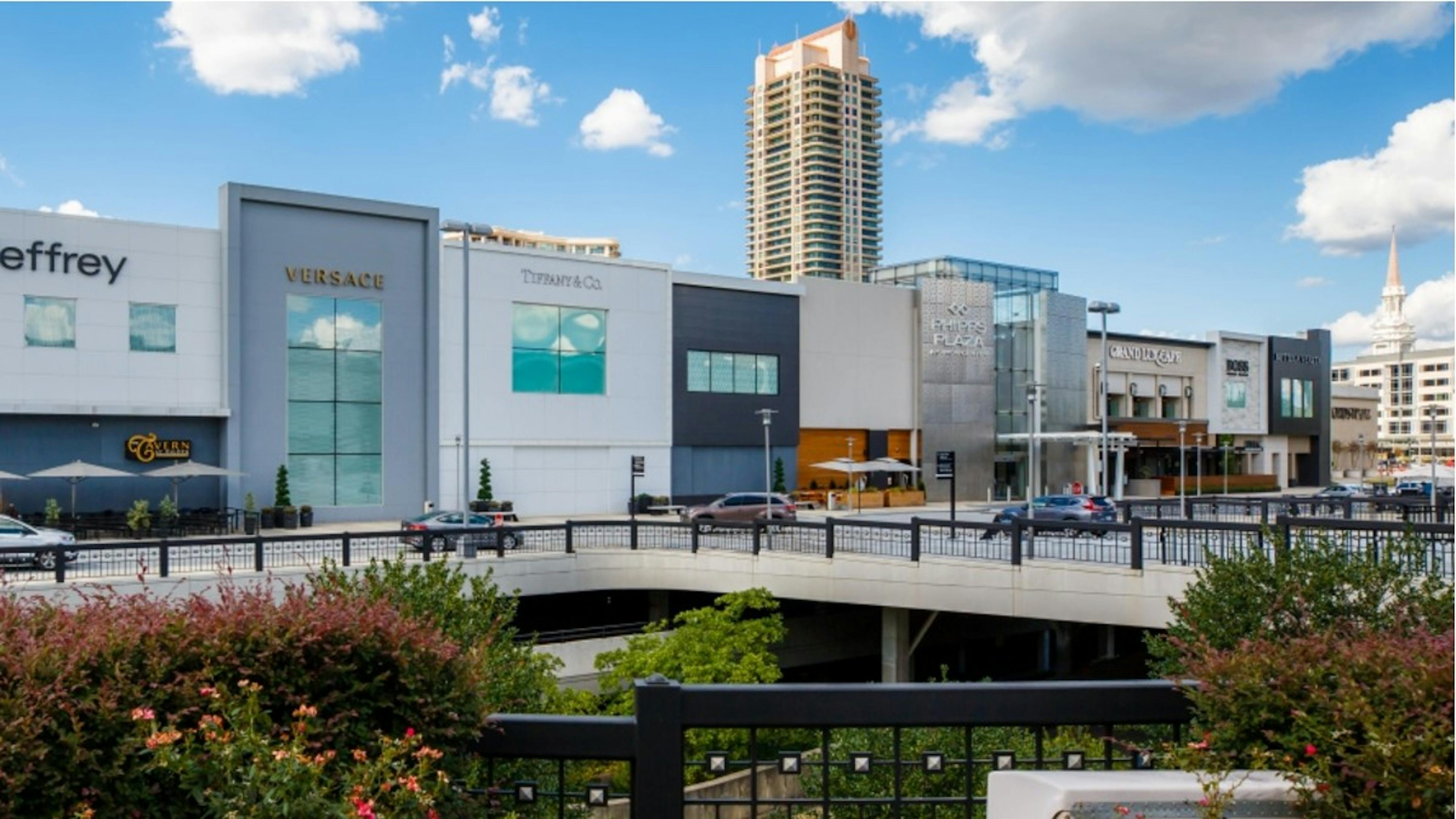 Connected storefronts of varying facade with a cloudy sky in the background and lively plants near the front of the image