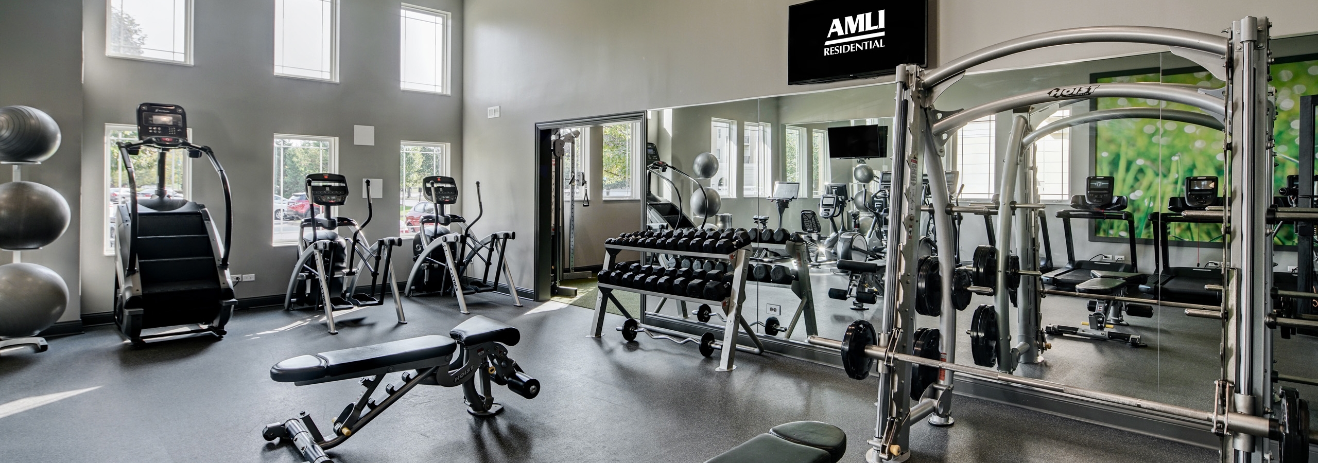 AMLI at Seven Bridges fitness center with 2 benches various weights and 3 cardio machines and mirrored wall and TV above