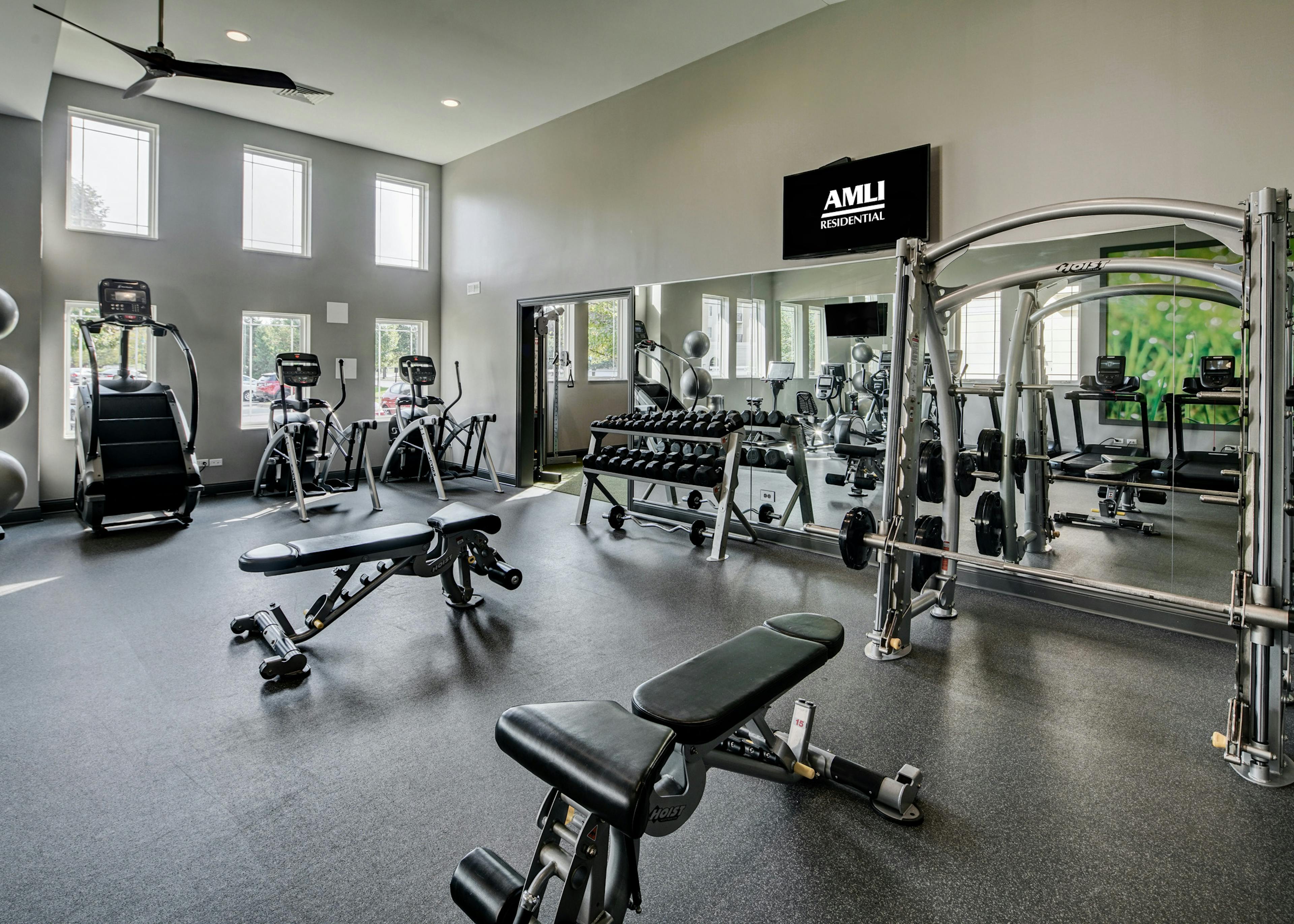 AMLI at Seven Bridges fitness center with 2 benches various weights and 3 cardio machines and mirrored wall and TV above