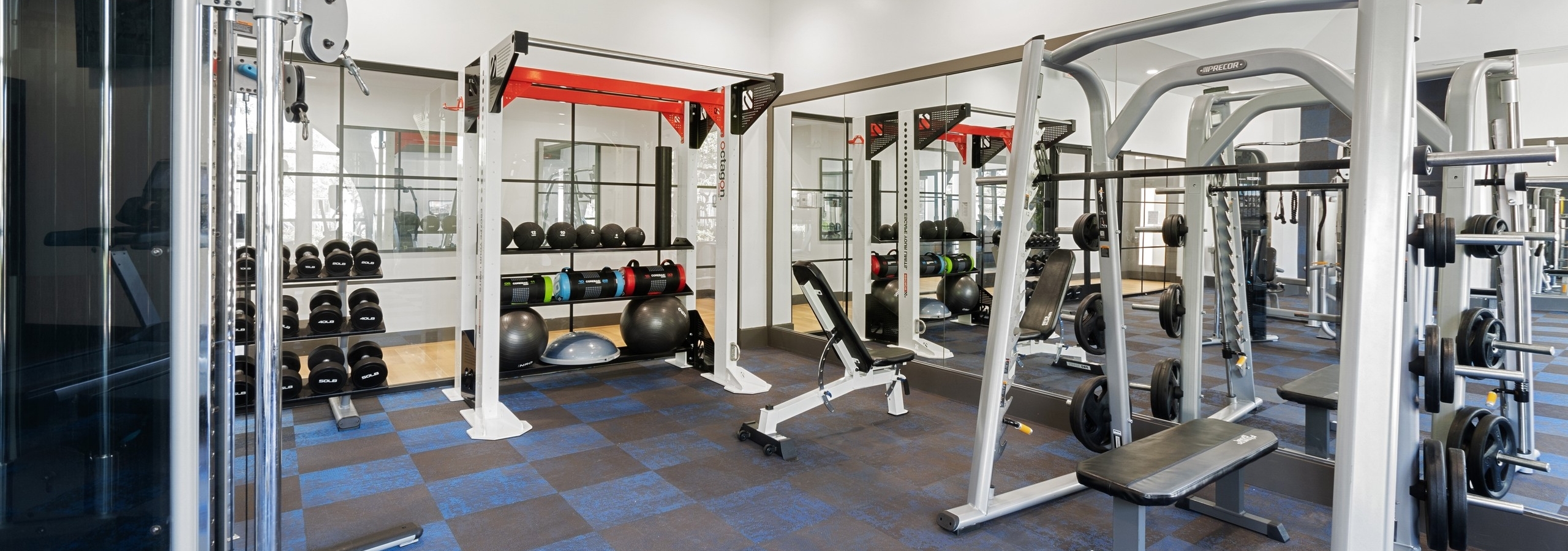 Interior view of fitness center with mirrors and multiuse workout equipment and free weights at AMLI Spanish Hills apartments