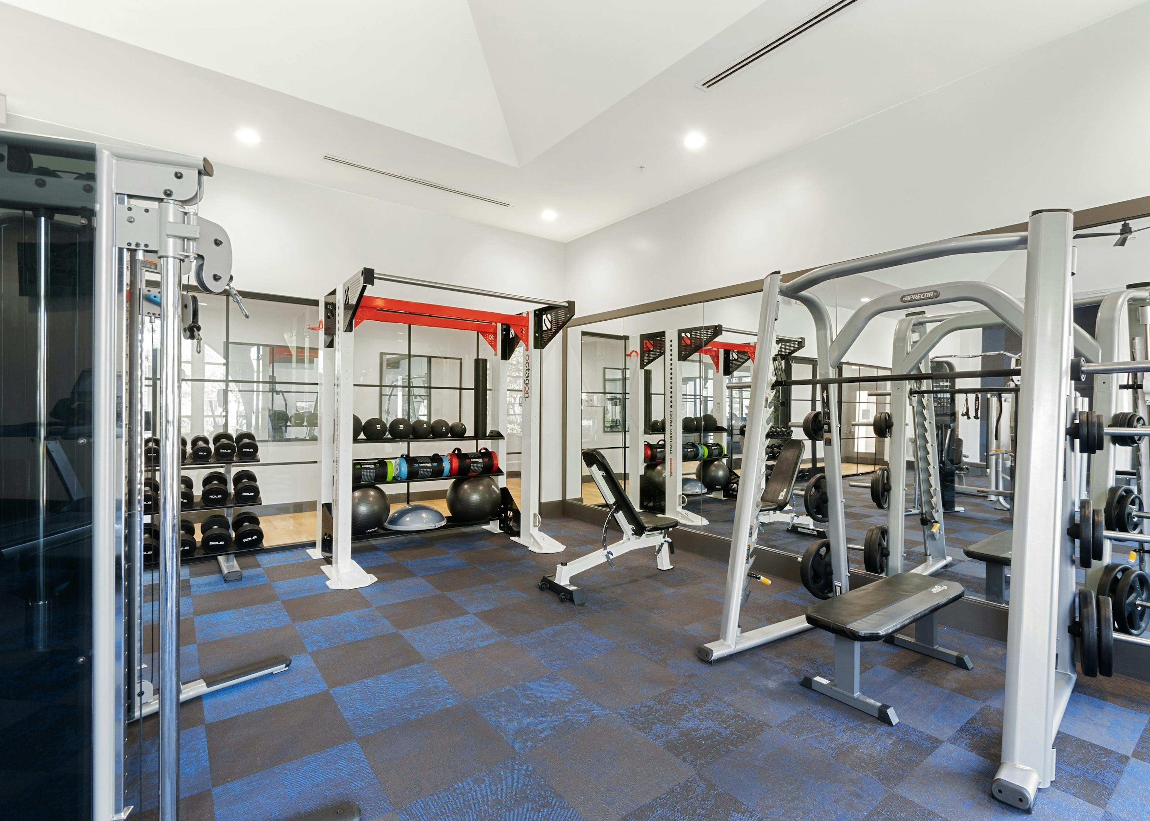 Interior view of fitness center with mirrors and multiuse workout equipment and free weights at AMLI Spanish Hills apartments