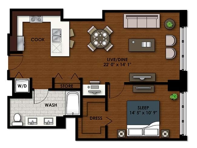 P-A500 floor plan, 1 Bedroom, 1 Bathroom, Penthouse at AMLI River North apartments