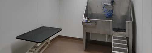 Interior view of paw wash station at AMLI Evanston apartment community with a large metal pet tub and a table for drying off