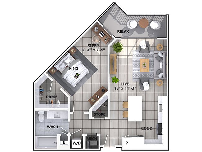 A3b floor plan, 1 Bedroom, 1 Bathroom at AMLI Park West apartments