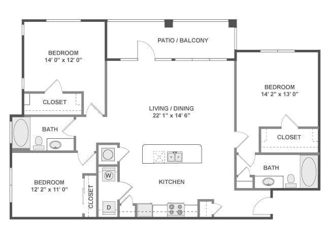 D6 floor plan, 3 Bedroom, 2 Bathroom at AMLI at Escena apartments