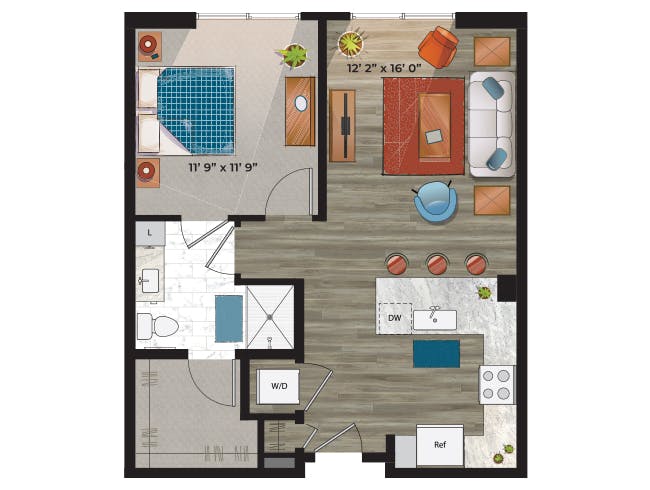 A3c floor plan, 1 Bedroom, 1 Bathroom at AMLI at Uptown apartments