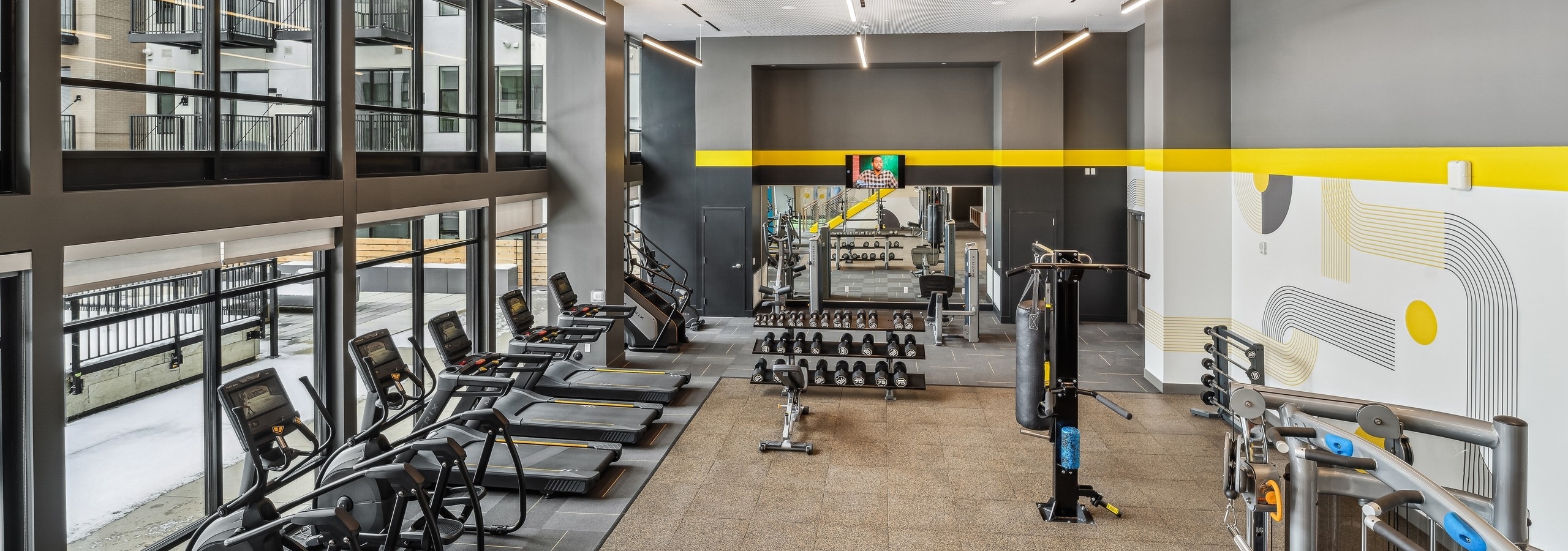 Interior view of a fitness center at AMLI Broadway Park with vaulted ceilings and several cardio machines as well as weights