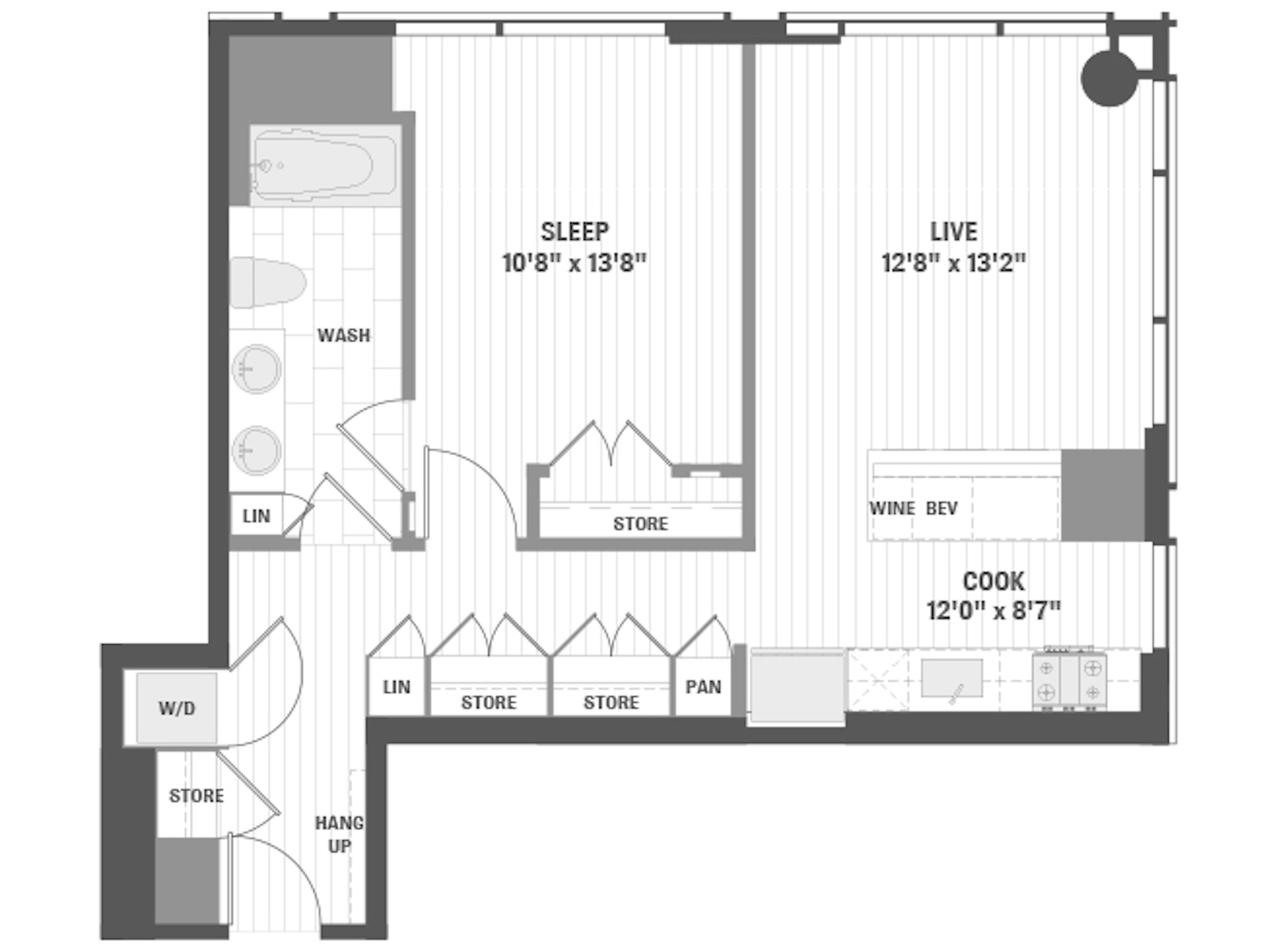 A3b floor plan, 1 Bedroom, 1 Bathroom at AMLI 808 apartments