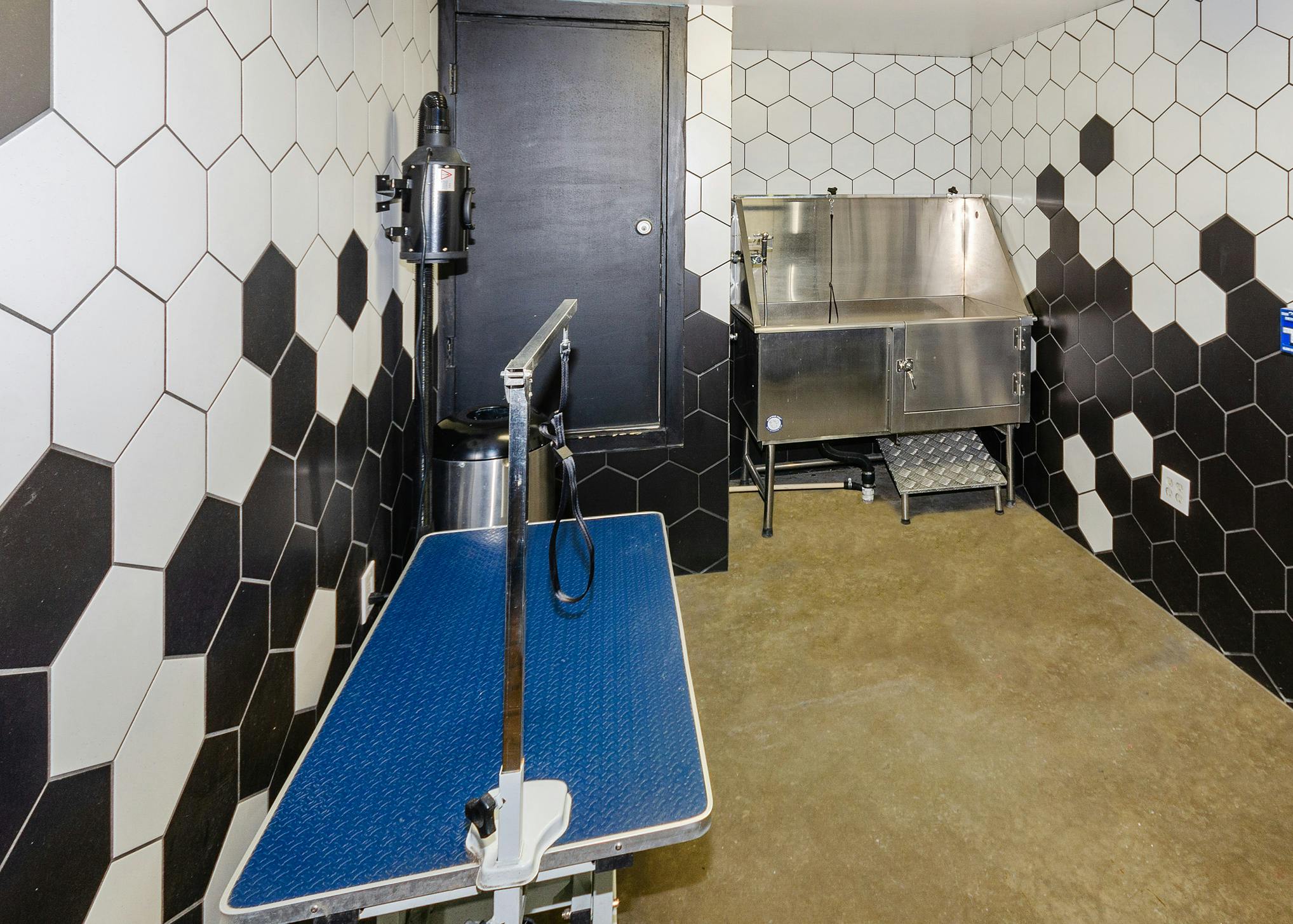 AMLI Quadrangle apartments pet spa with black and white tiled walls and a stainless washing area and a blue grooming table