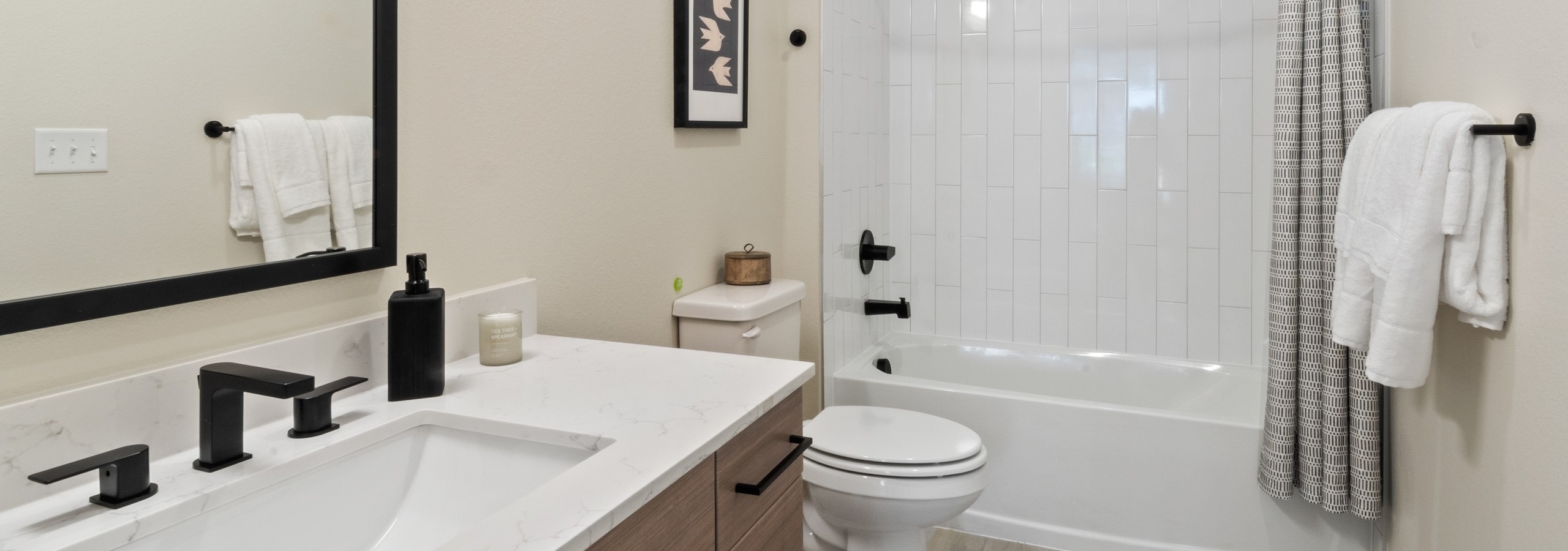 Interior view of a bathroom at AMLI Broadway Park featuring matte black fixtures and a shower with a white tile surround