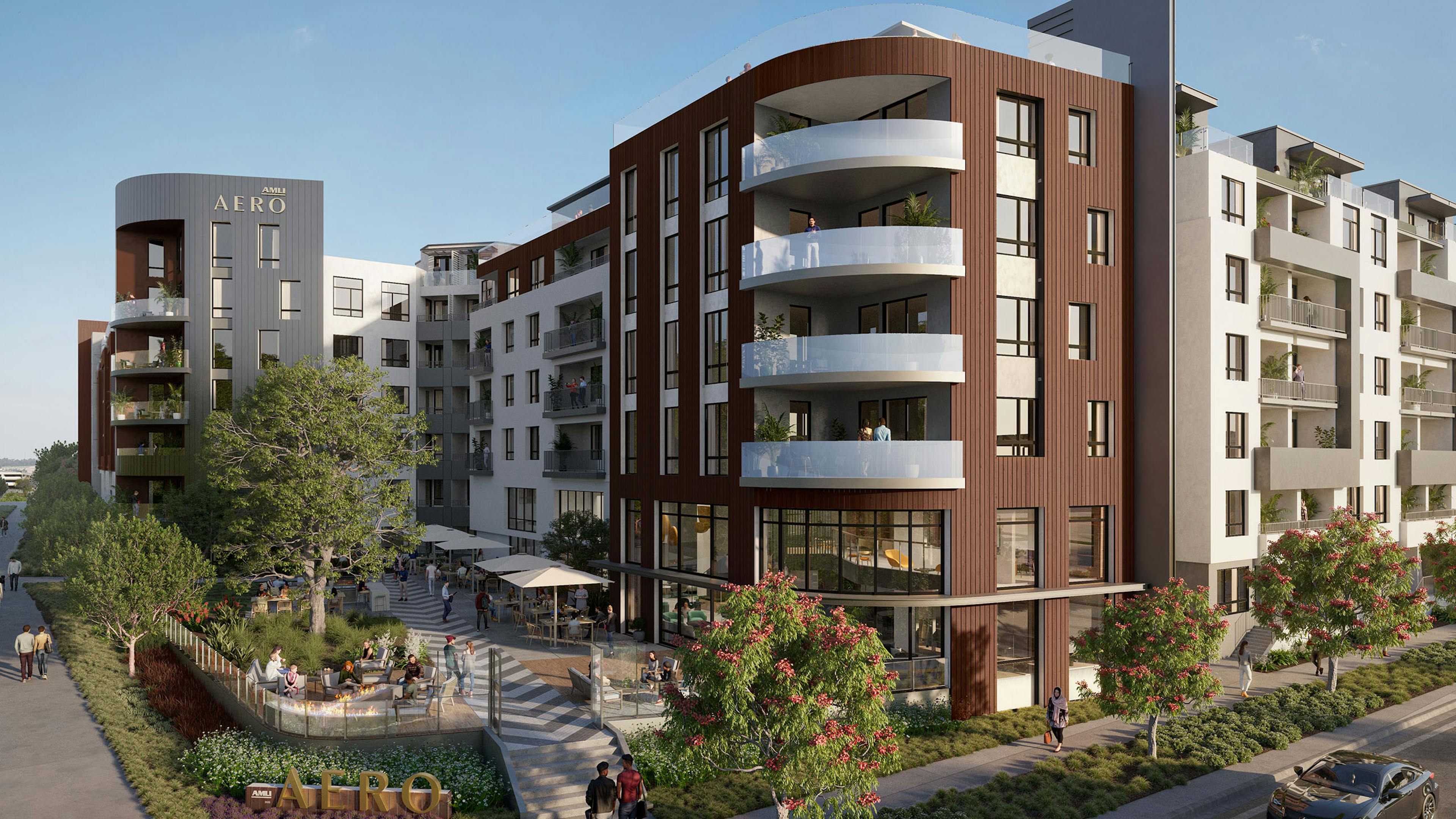 Corner exterior rendering of AMLI Aero with brown and white and gray apartment building and people walking and socializing outside
