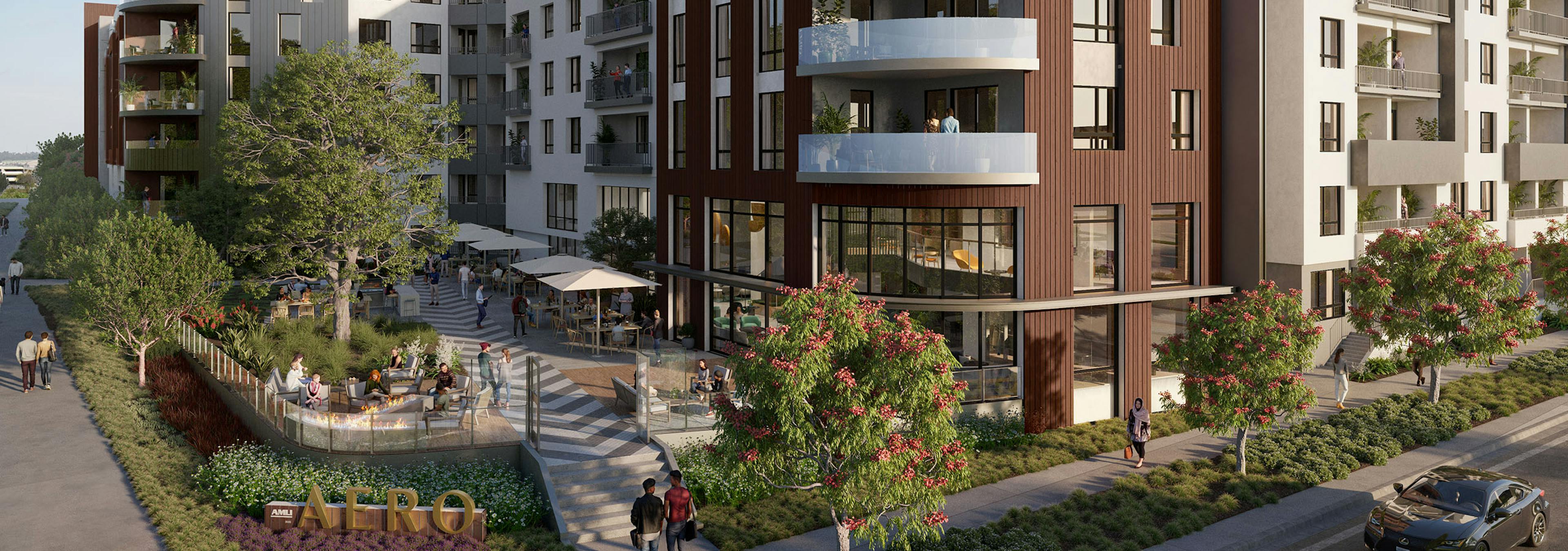 Corner exterior rendering of AMLI Aero with brown and white and gray apartment building and people walking and socializing outside