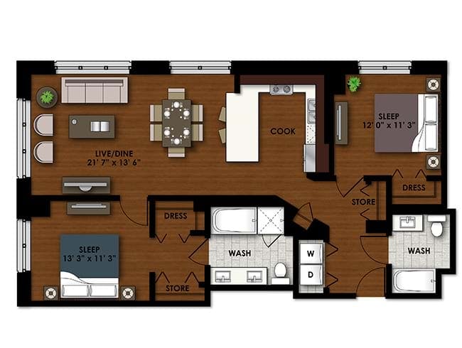 P-C600 floor plan, 2 Bedroom, 2 Bathroom, Penthouse at AMLI River North apartments