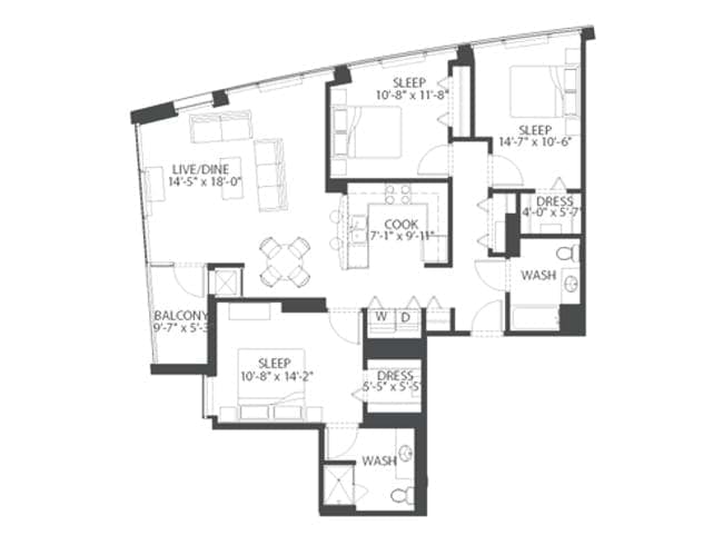 Funky floor plan, 3 Bedroom, 2 Bathroom at AMLI 900 apartments