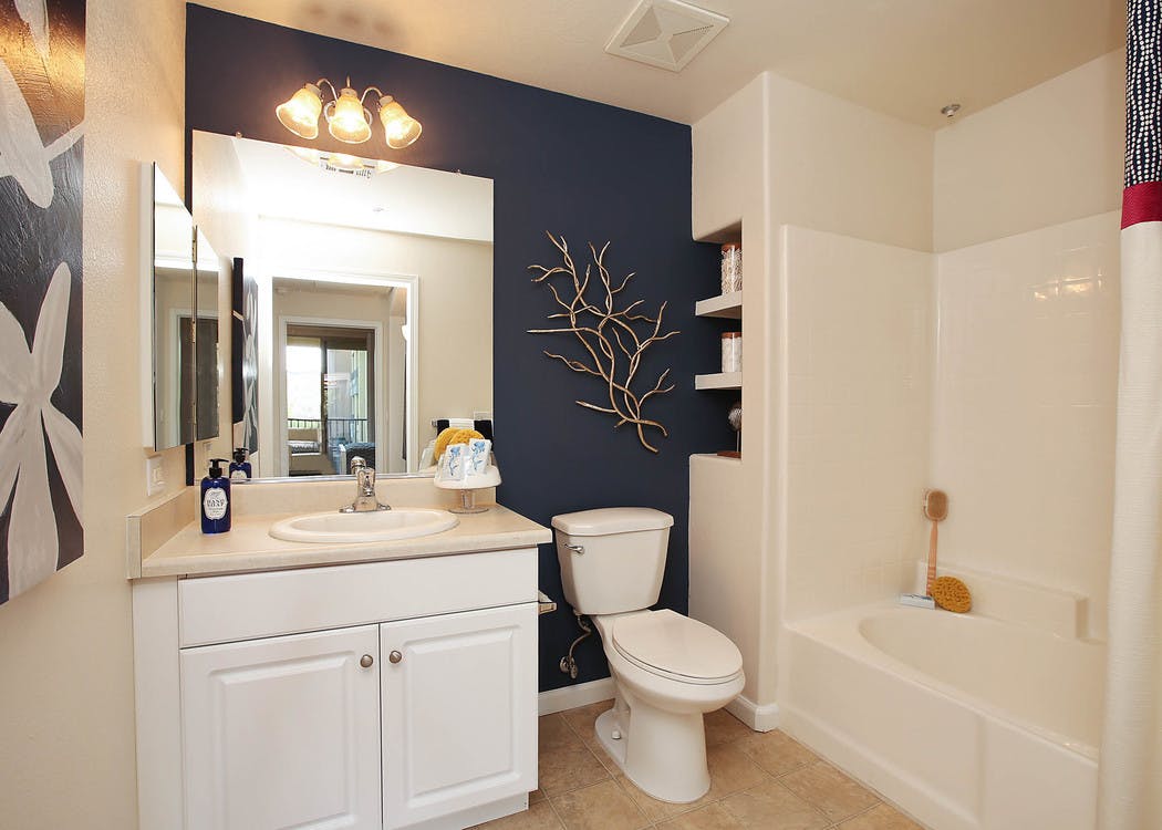 Interior view of AMLI Warner Center apartment bathroom with oversized garden tub, blue accent wall and wall art of flower