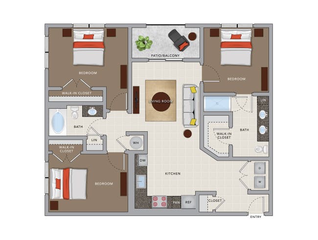 D3 floor plan, 3 Bedroom, 2 Bathroom at AMLI 8800 apartments