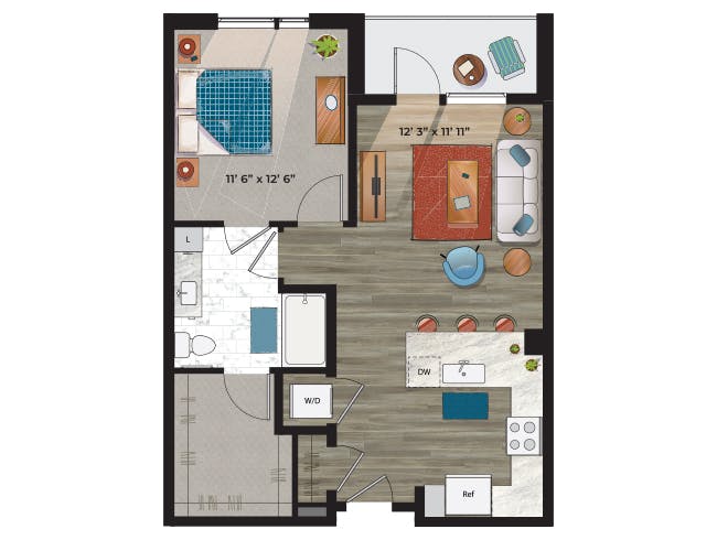 A3h floor plan, 1 Bedroom, 1 Bathroom at AMLI at Uptown apartments