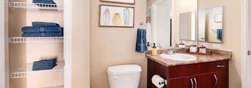 Interior view of AMLI Arista apartment bathroom with two mirrors as well as a view into the closet with shelves and towels