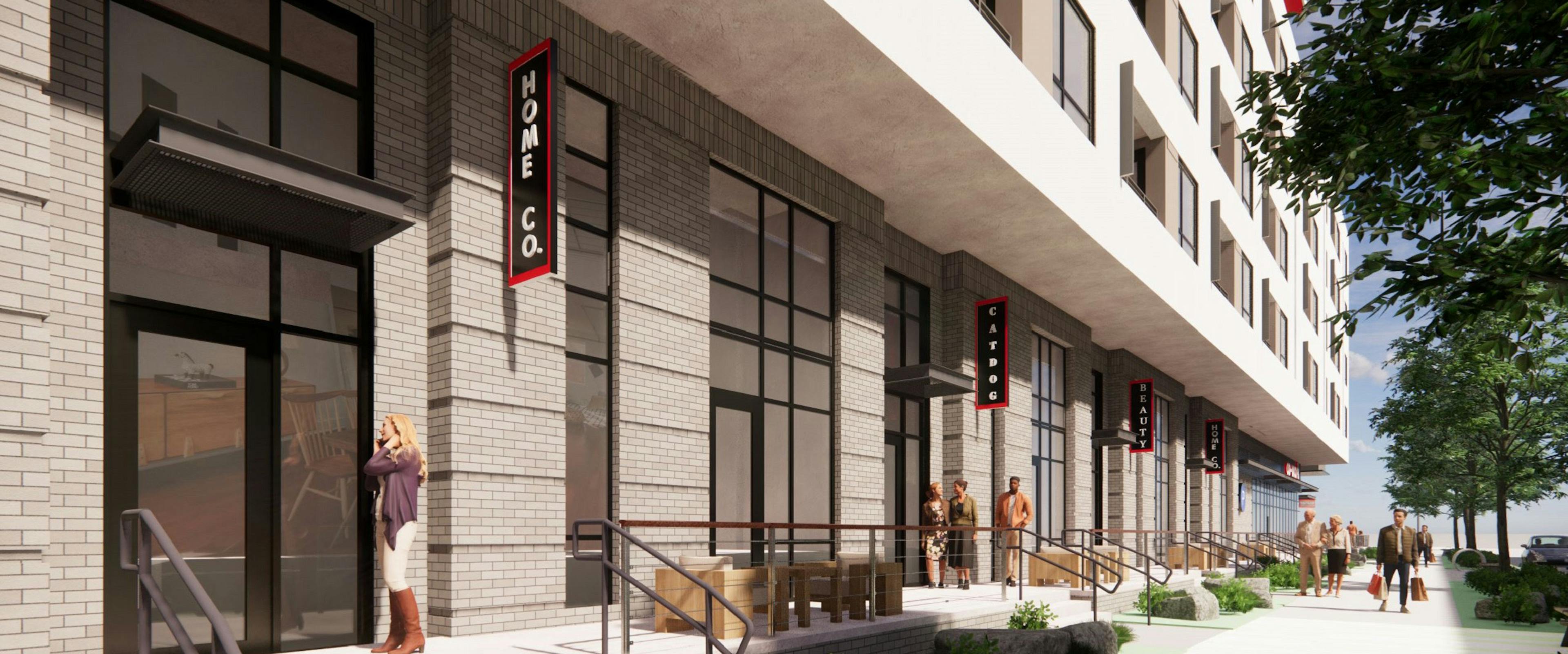 Rendering of AMLI Broadway Park live work apartments with elevated entrances and seating areas along landscaped curbs