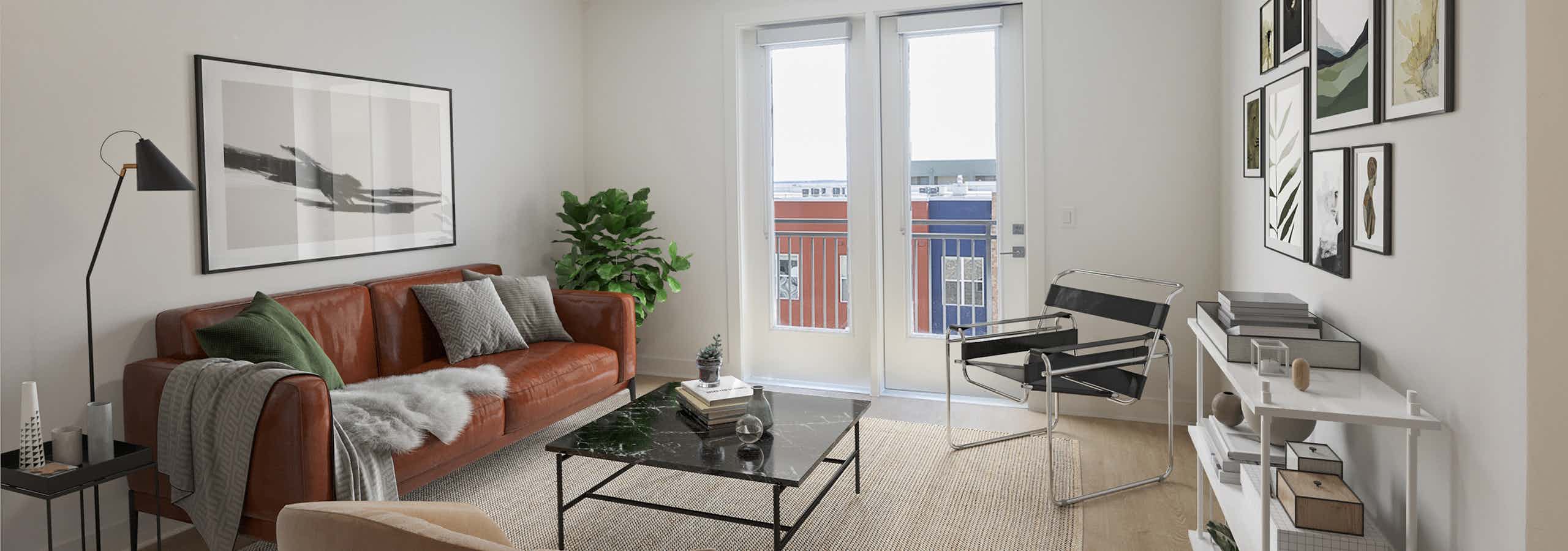 Living room with wood-style flooring and solar shades
