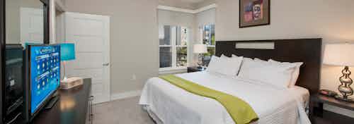 Interior of AMLI Piedmont Heights bedroom with grey walls and carpet with white bedding and windows to let in natural light