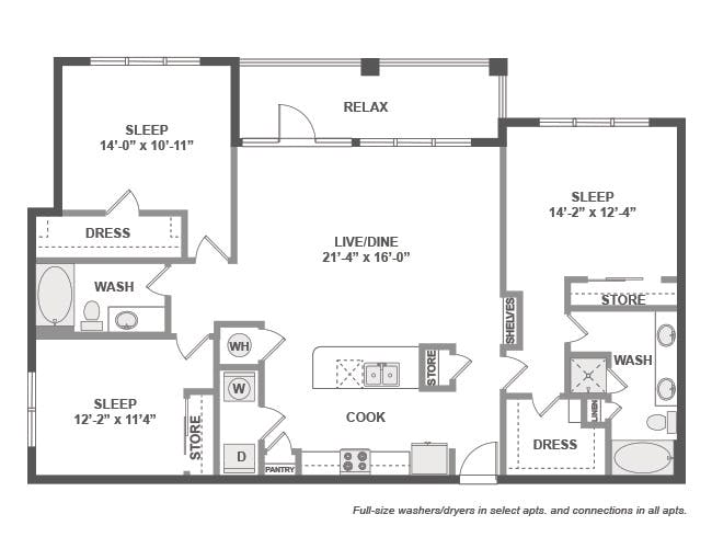 D6aX floor plan, 3 Bedroom, 2 Bathroom at AMLI Covered Bridge apartments
