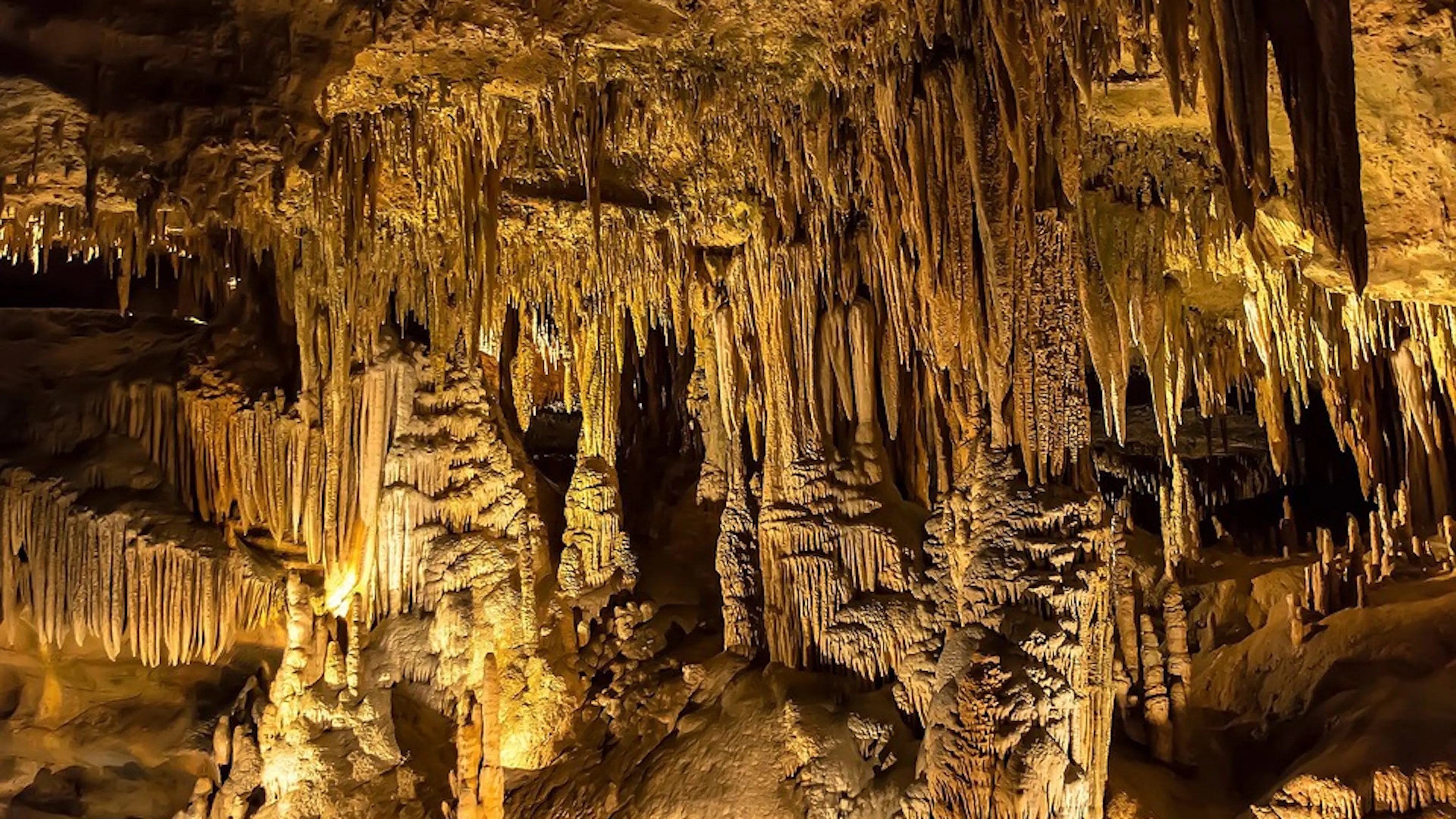 Stalactites and stalagmites clustered closely together in a limestone cave