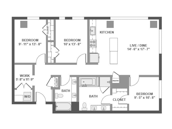 D4dP floor plan, 3 Bedroom, 2 Bathroom, Den/Office, Penthouse at AMLI Arc apartments