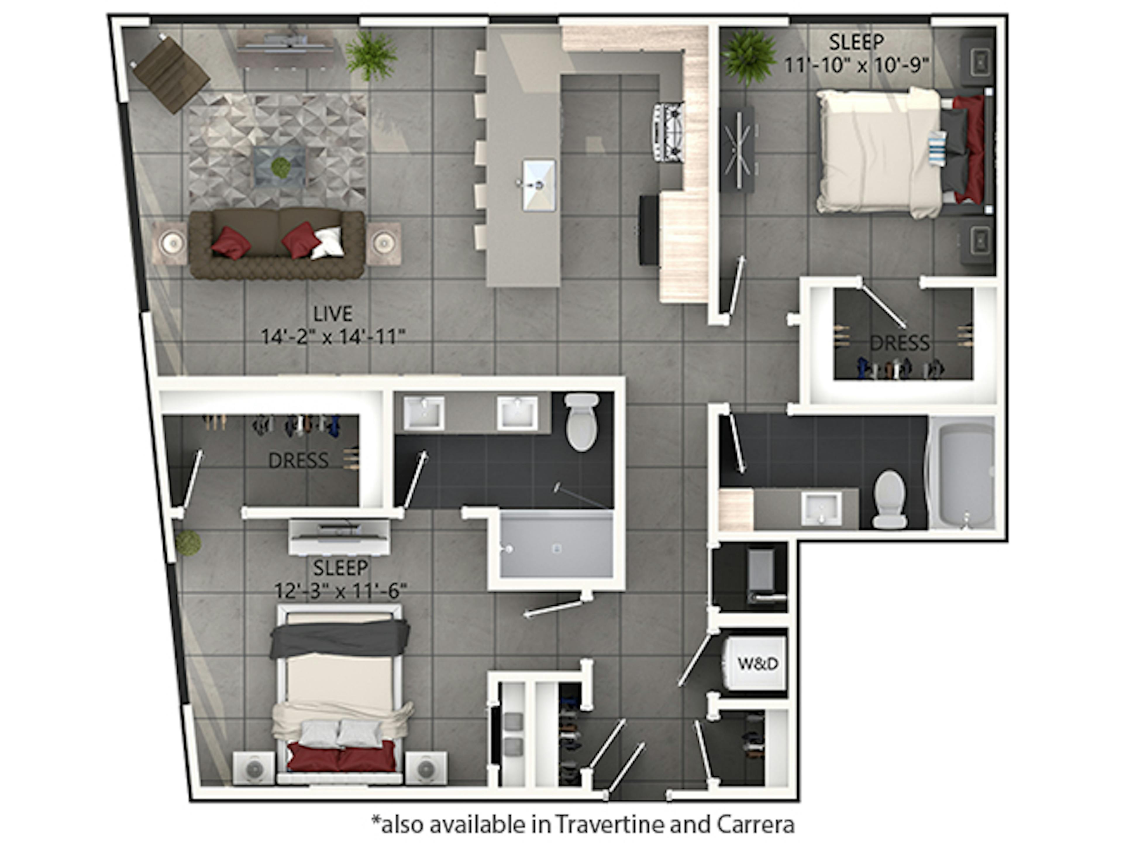 C5 floor plan, 2 Bedroom, 2 Bathroom at AMLI Midtown Miami apartments