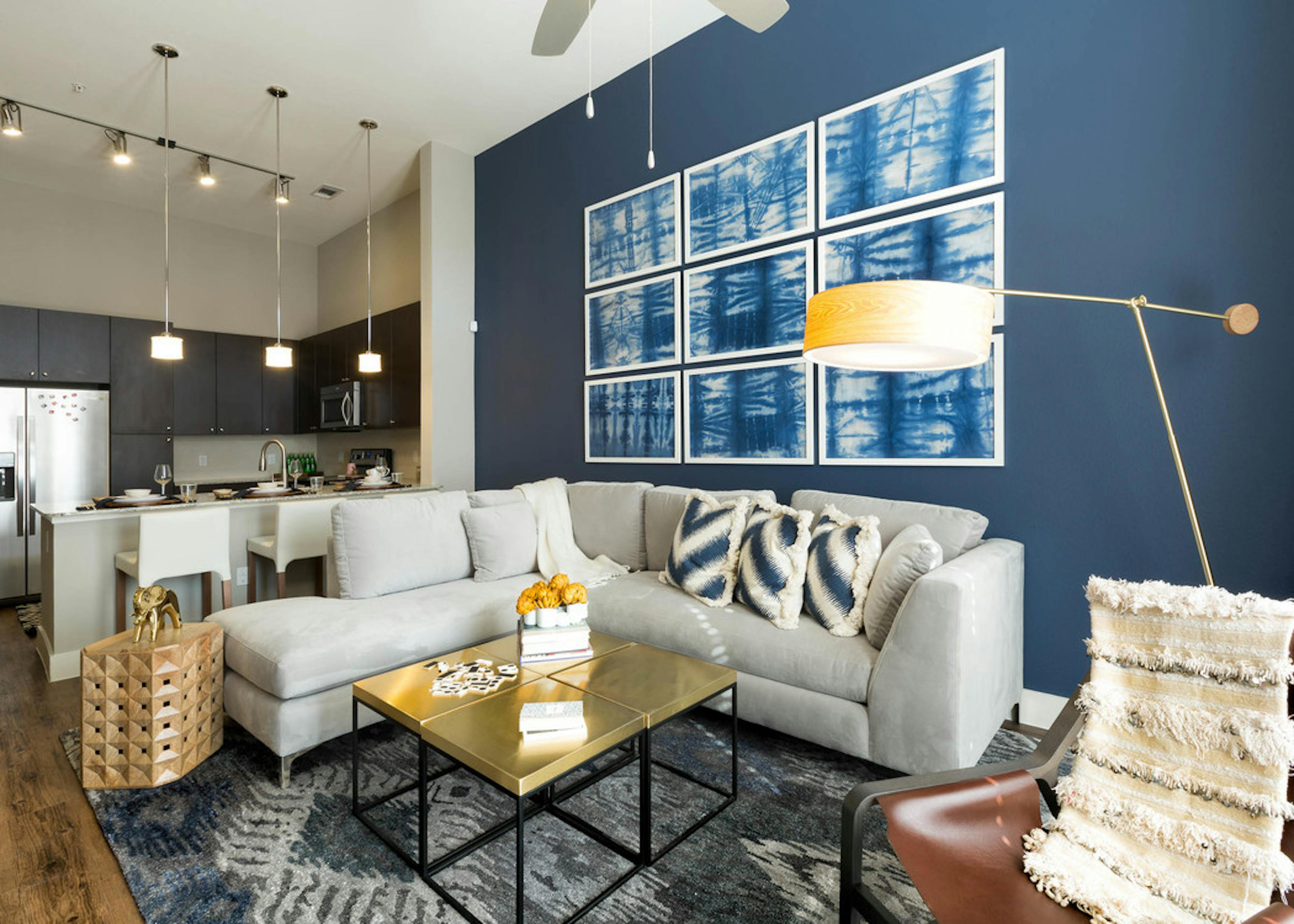 AMLI on Riverside living room with a white couch against a dark blue accent wall with patterned wall art and dark hardwood 