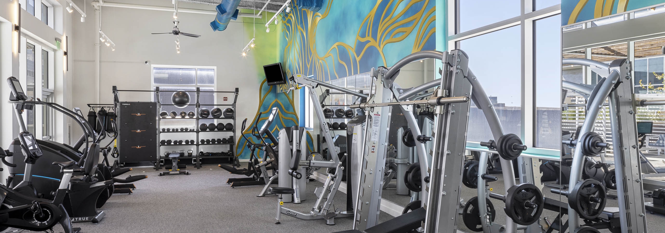 Fitness center with workout equipment and grey carpet with blue and yellow mural above mirrored wall at AMLI on2nd