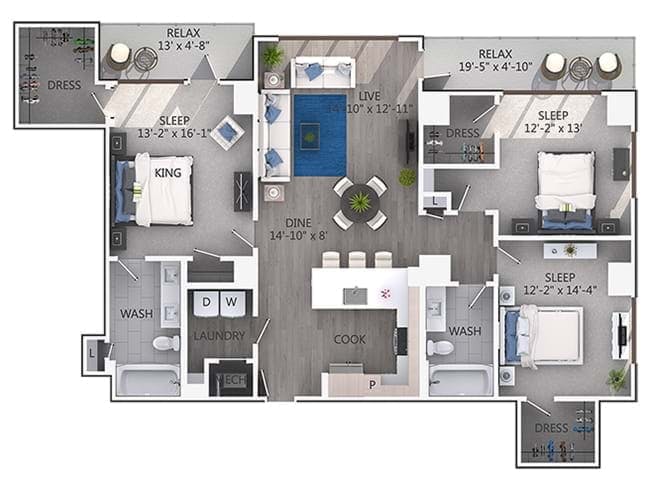 D6 floor plan, 3 Bedroom, 2 Bathroom at AMLI 3464 apartments
