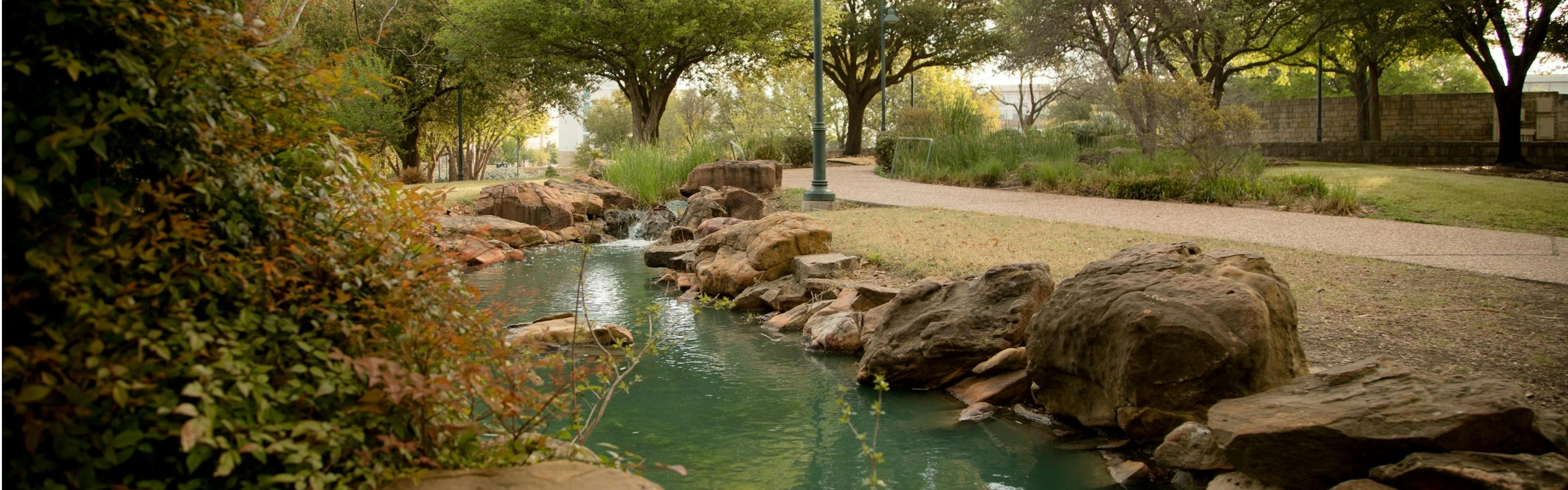 Daytime exterior view of park with small pond, large rocks, bushes, green grass and a tree-line path winding by