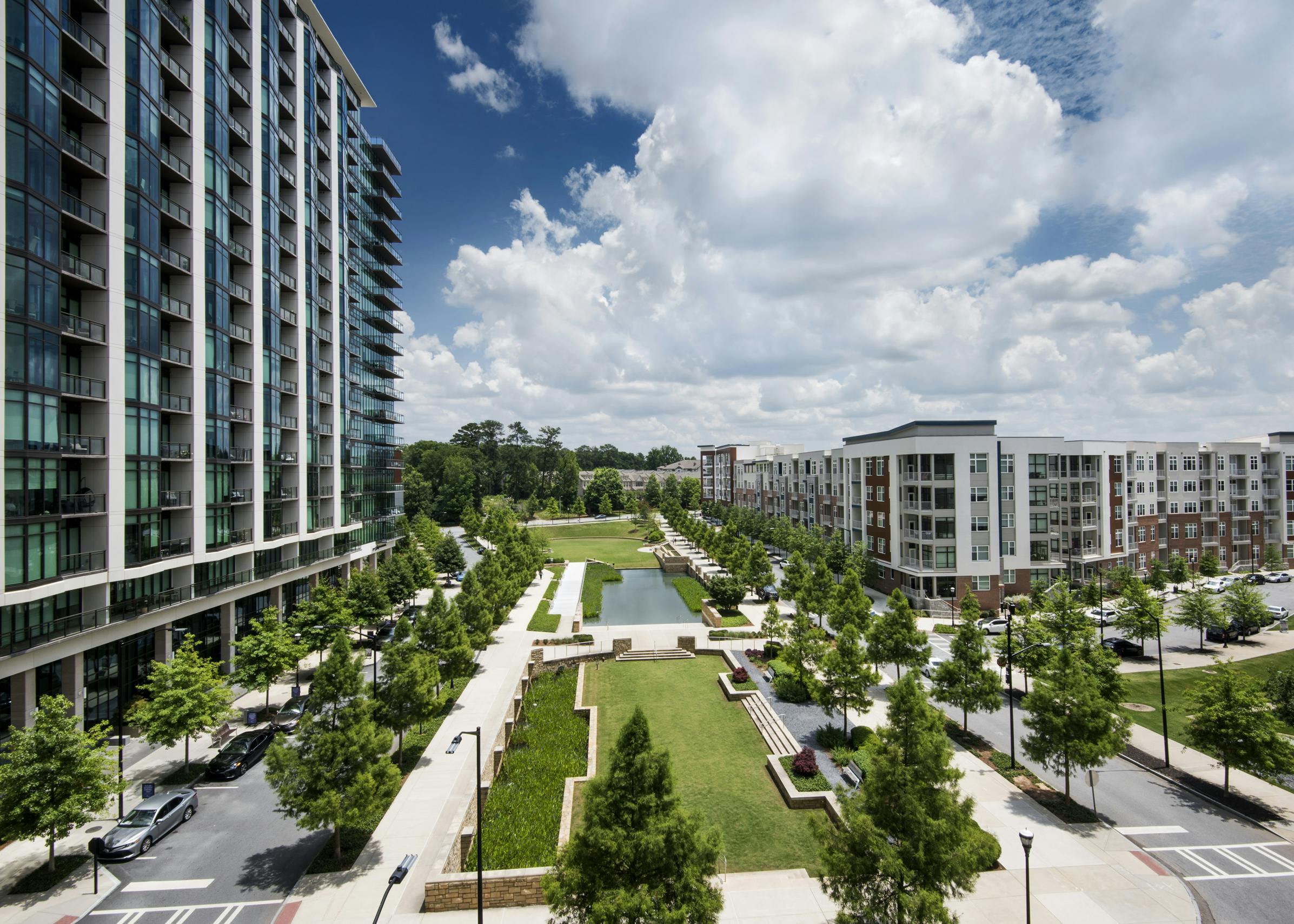 Overhead view of Marie Sims Park and tree lined streets with AMLI 3464 on the left and AMLI Buckhead on the right