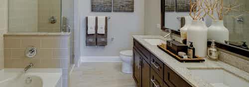 AMLI River North bathroom with a toilet and double vanity along one wall and seperate bathtub and shower along another